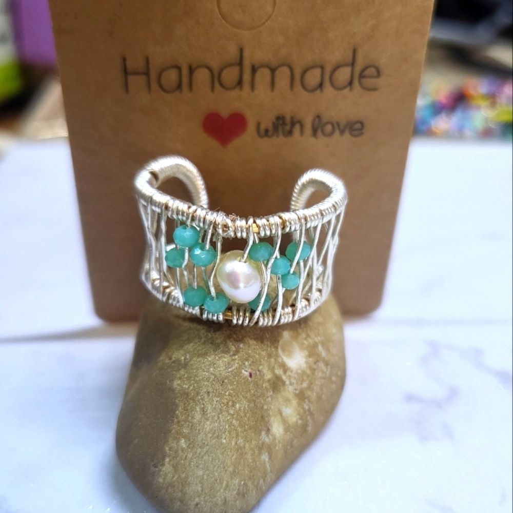 Handmade ring silver plated pearls and crystals